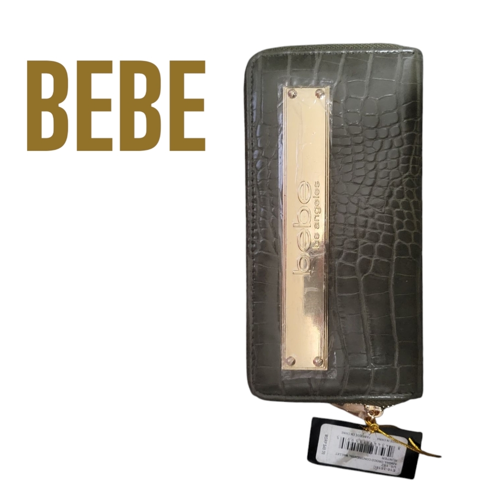 NWT Bebe Croco Continental  Wallet In Olive Green With Gold Hardware